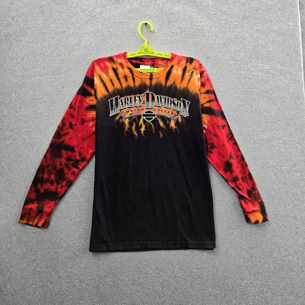 Harley-Davidson Men Shirt M Black Tie Dye Flaming El Paso TX Long Sleeve